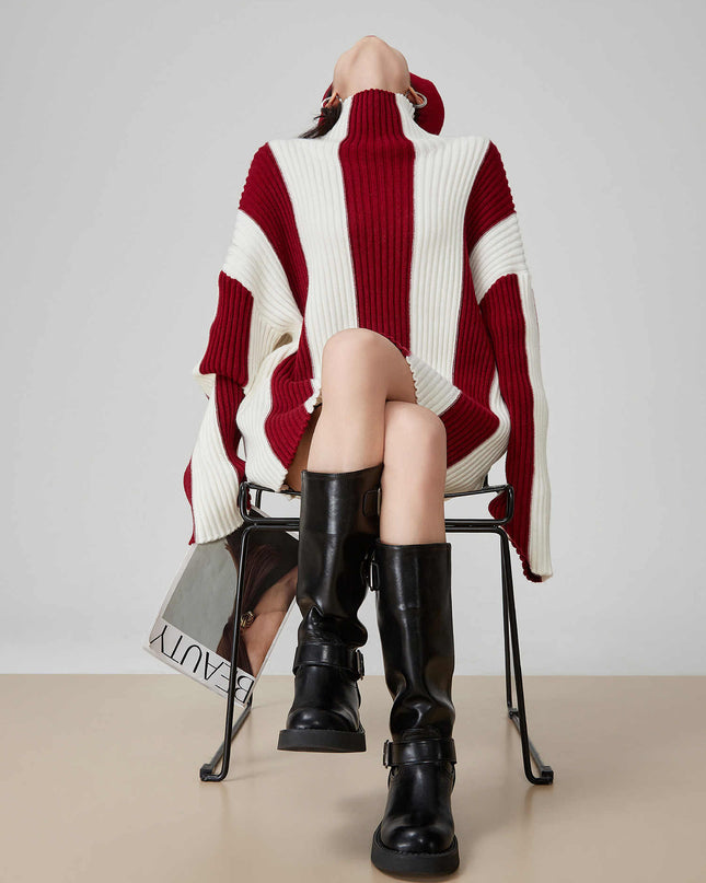 Contrast Color Pit Striped Turtleneck Sweater