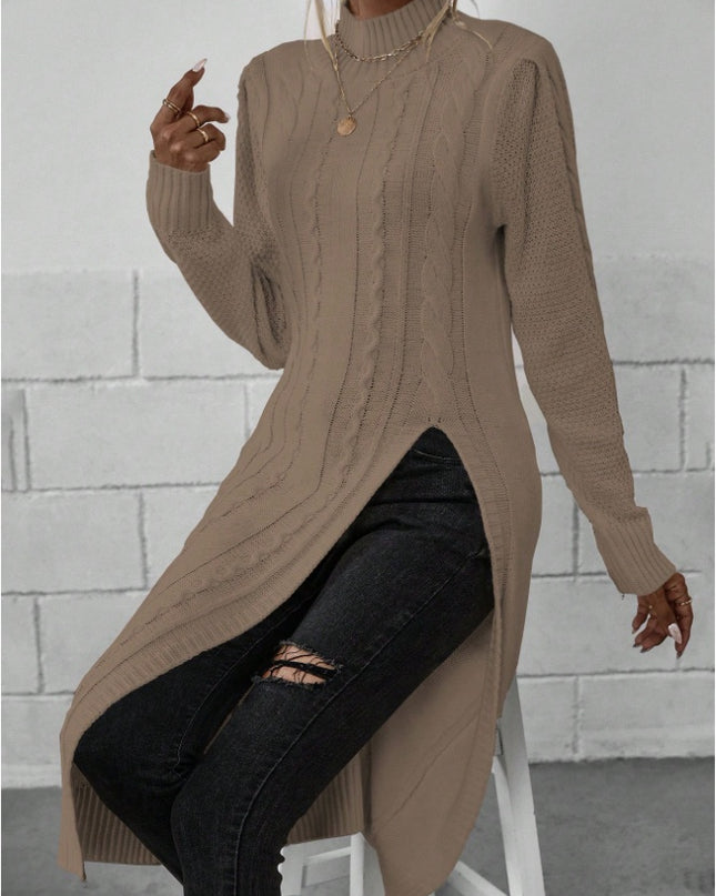 Women Crew Neck Long Sleeve Split Hem Minimalist Sweater