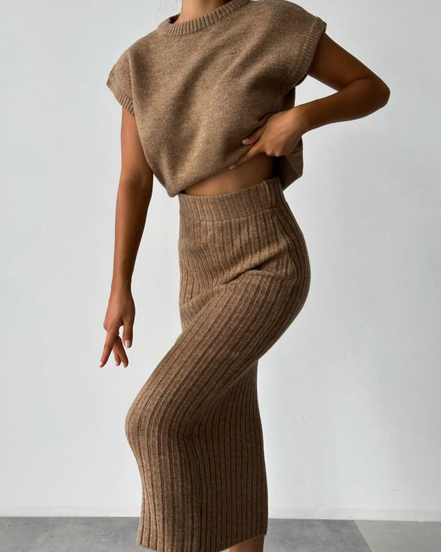 Sweater Suit Women's Sleeveless Pullover Coat Skirt