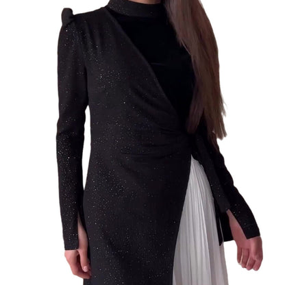 Long Sleeve Stitching Design Pleated False Two-piece Suit Dress
