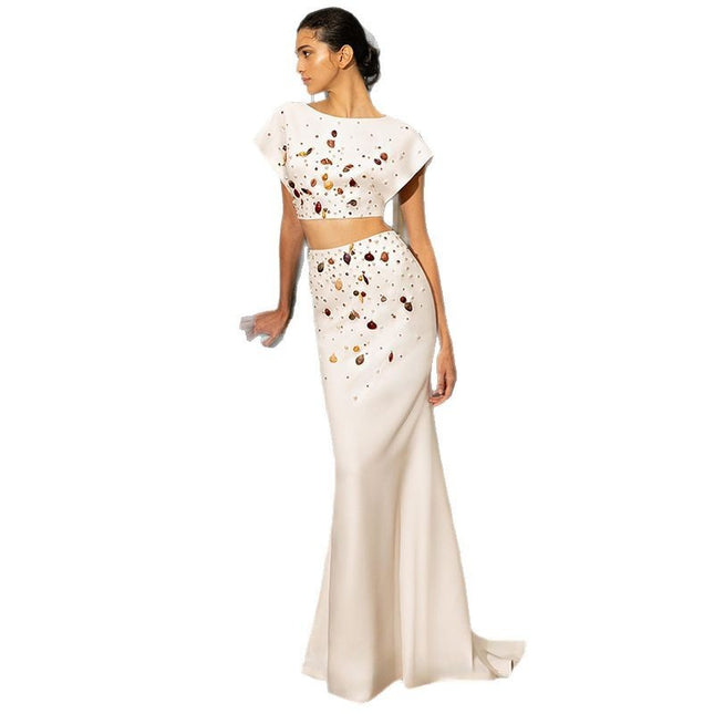 Fashion Heavy Industry Shell Beads Rhinestones Short Top Suit