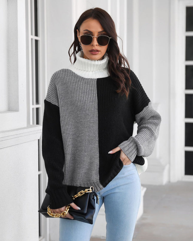 High Neck Drop Shoulder Long Sleeve Knitted Sweater For Women