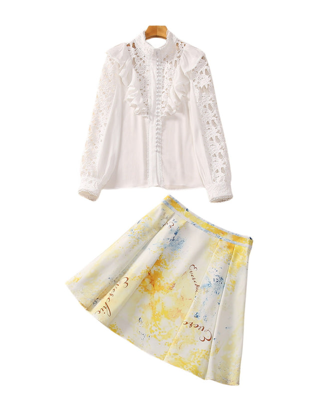 Silk Crinkle Silk Stitching Water Soluble Lotus Leaf Stand Collar Top A- Line Skirt Short Skirt Fashion Suit