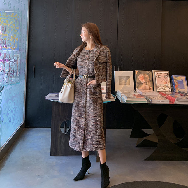 Temperament Ladies Woolen Coat Slim Round Neck Skirt Two-piece Suit