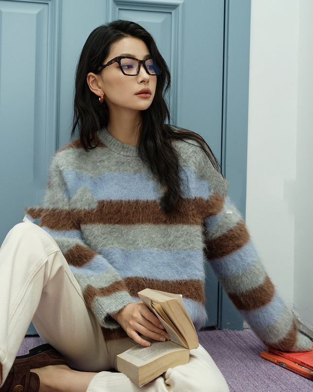 Retro High Street Color Striped Lazy Leisure Pullover Sweater