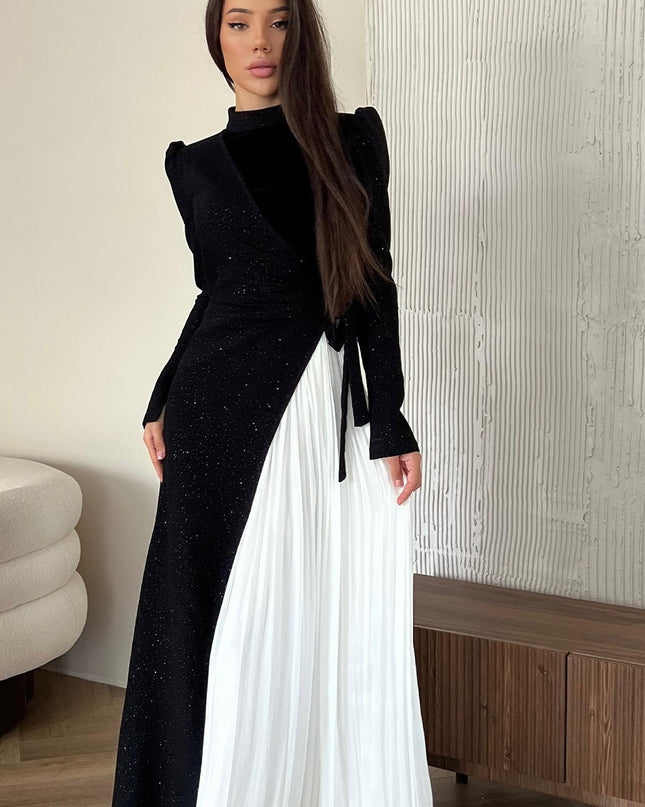 Long Sleeve Stitching Design Pleated False Two-piece Suit Dress