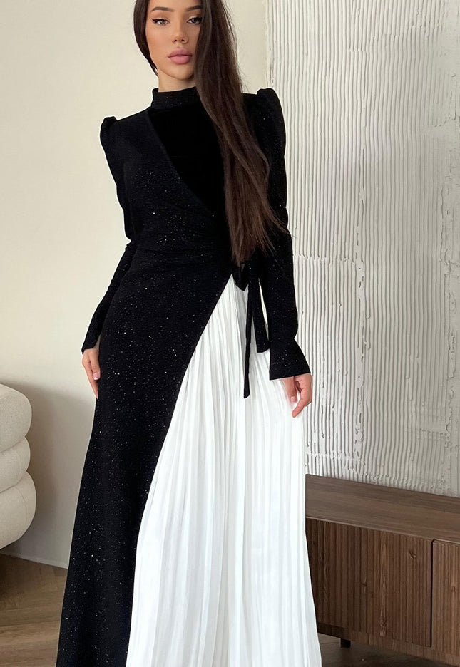 Long Sleeve Stitching Design Pleated False Two-piece Suit Dress