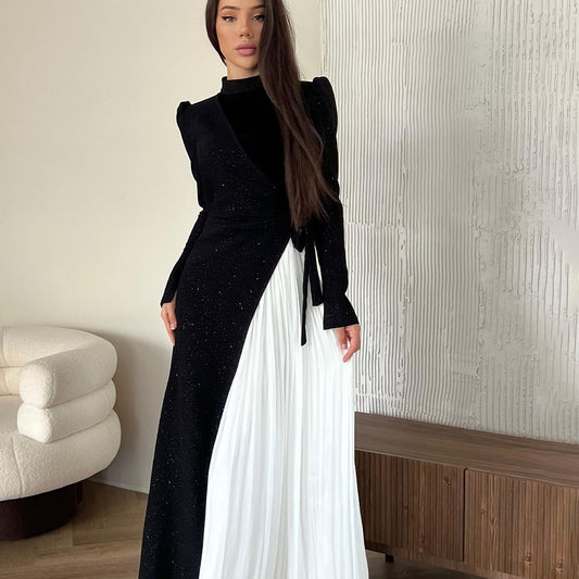 Long Sleeve Stitching Design Pleated False Two-piece Suit Dress
