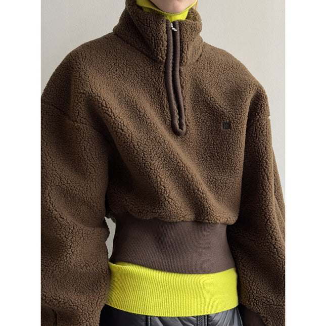 Casual Half Zipper High Neck Short Top