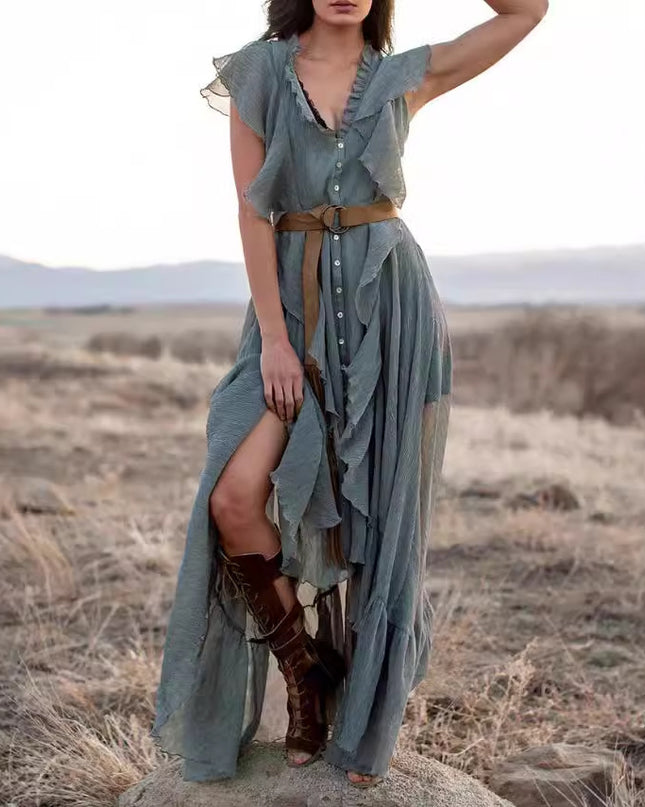 V-neck Short Sleeve Ruffles Long Tie Dress