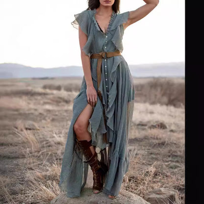 V-neck Short Sleeve Ruffles Long Tie Dress