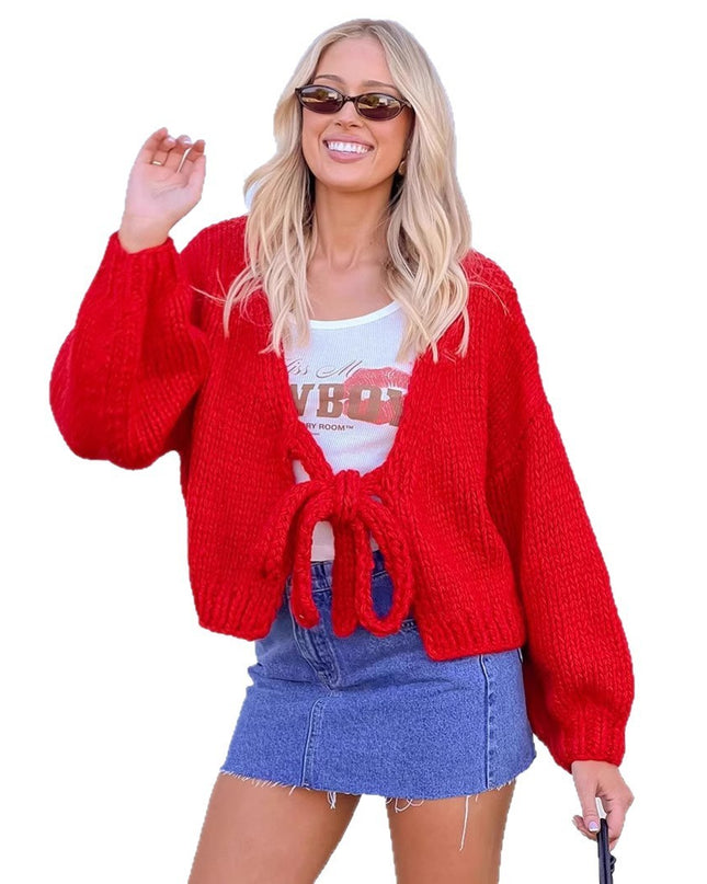 Short Thick Needle Bow Bandage Reverse Cardigan Jacket