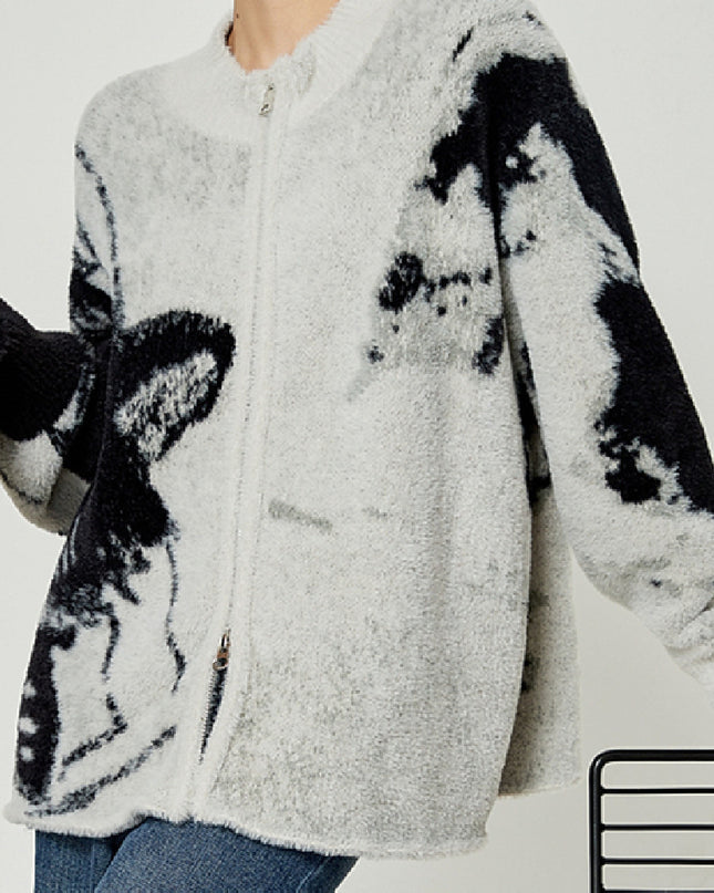 Grey Color Blocked Cardigan Sweater Round Neck Knit