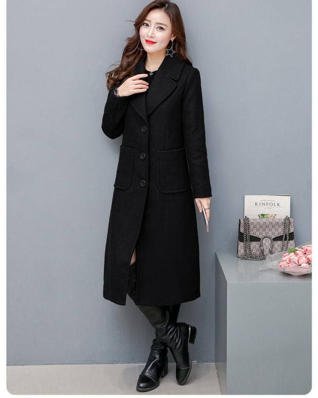 Fashionable Over-the-knee Woolen Women's Slim And Slim Long Woolen Coat