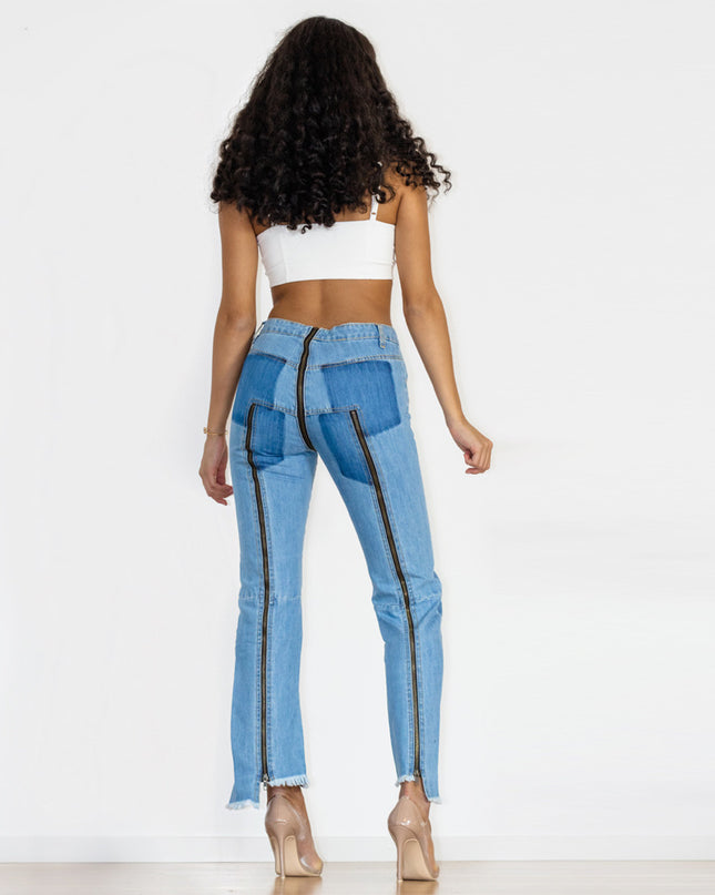 Light Blue Zipper Personality Design Irregular Skinny Jeans