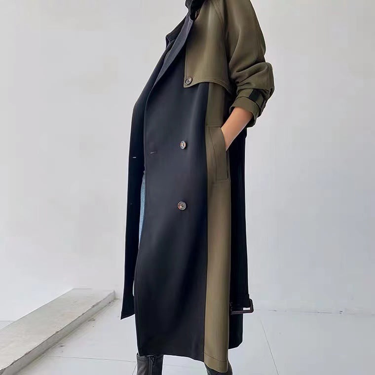 Contrast Stitching Mid-length Loose Double-breasted Jacket Tooling Jacket Trench Coat