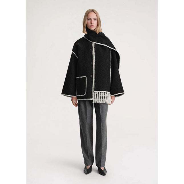 New Wool Blend Autumn And Winter Tassel Scarf Collar Loose Woolen Coat