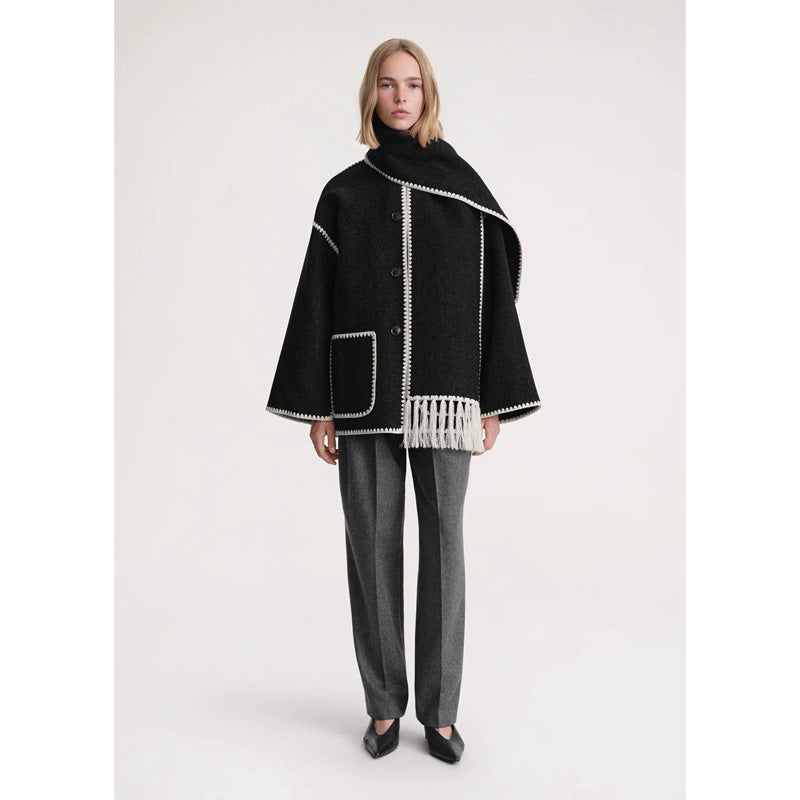 New Wool Blend Autumn And Winter Tassel Scarf Collar Loose Woolen Coat