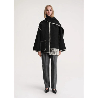 New Wool Blend Autumn And Winter Tassel Scarf Collar Loose Woolen Coat