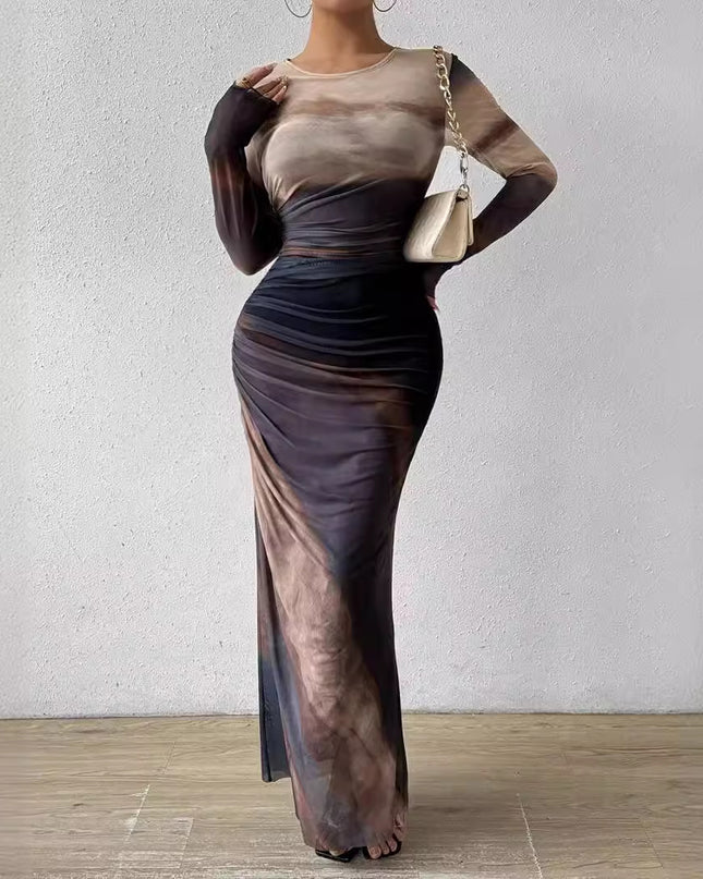 Tie-dyed Long Sleeve Slim Fit Hot Girl Long Dress