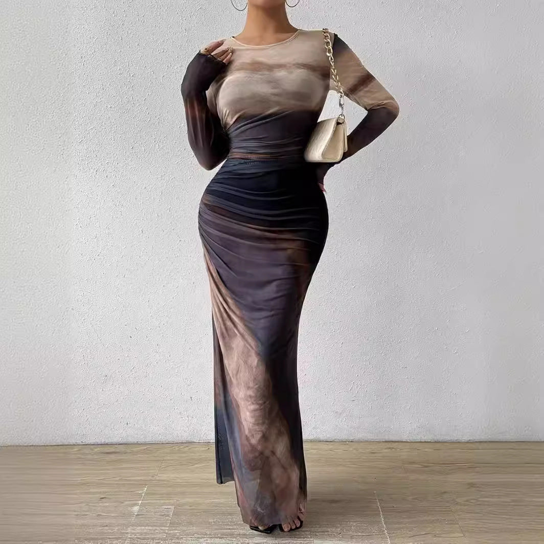 Tie-dyed Long Sleeve Slim Fit Hot Girl Long Dress