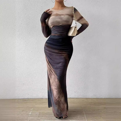 Tie-dyed Long Sleeve Slim Fit Hot Girl Long Dress