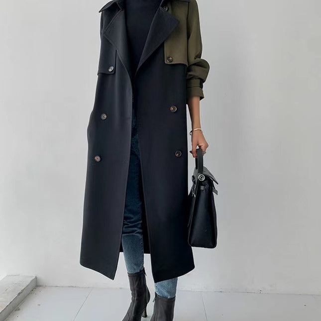 Contrast Stitching Mid-length Loose Double-breasted Jacket Tooling Jacket Trench Coat