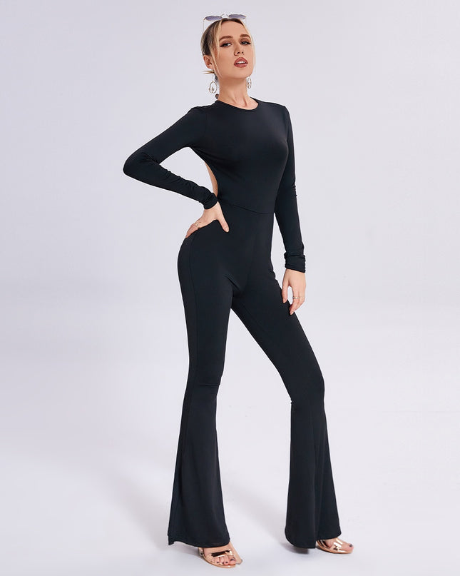 Long-sleeved Open-back Slim-fit Straight-leg Jumpsuit
