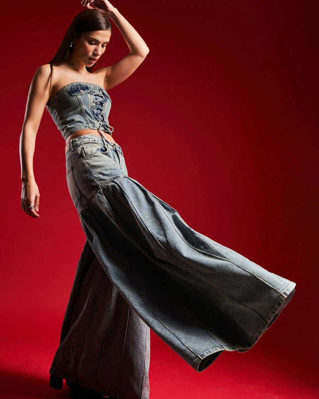 Strapless Denim Corset Crop Top & High - Waisted Pleated  Wide - Leg Pants Set