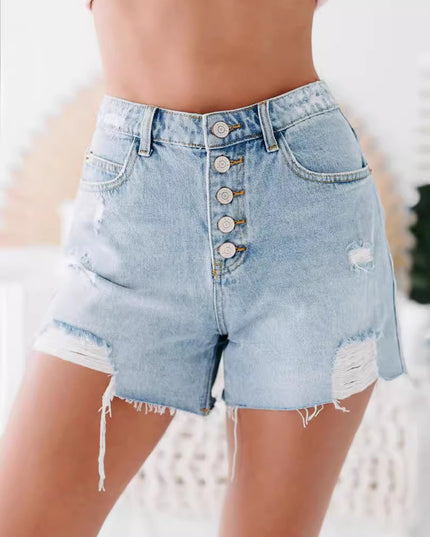 Fashion Casual Ordinary Water Washed Hole Raw Edge Denim Shorts