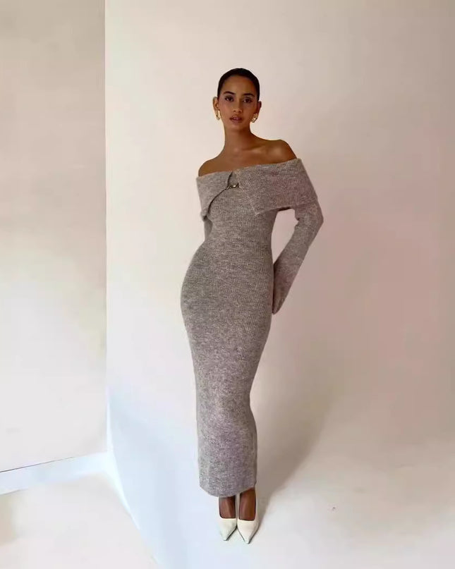 Fashion Polo Collar Off-the-shoulder Dress Striped Dress