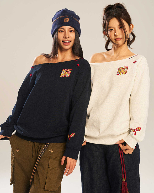 Women's Paste Cloth Embroidery Slant Shoulder Loose Long Sleeve Top