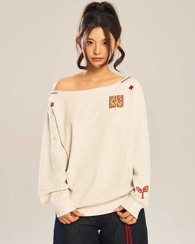 Women's Paste Cloth Embroidery Slant Shoulder Loose Long Sleeve Top