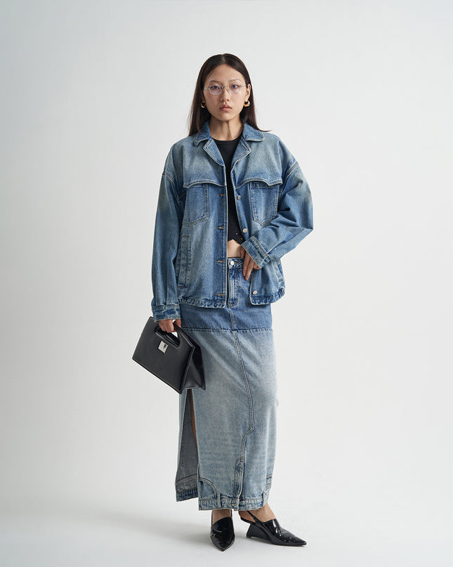 Washed Denim Long Skirts Stitching Design Women's Clothing