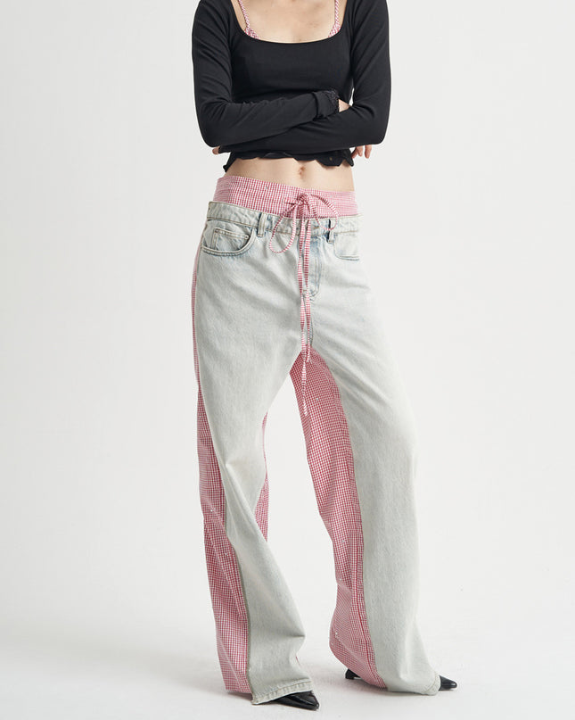 Patchwork Jeans Pink Plaid Women's Clothing