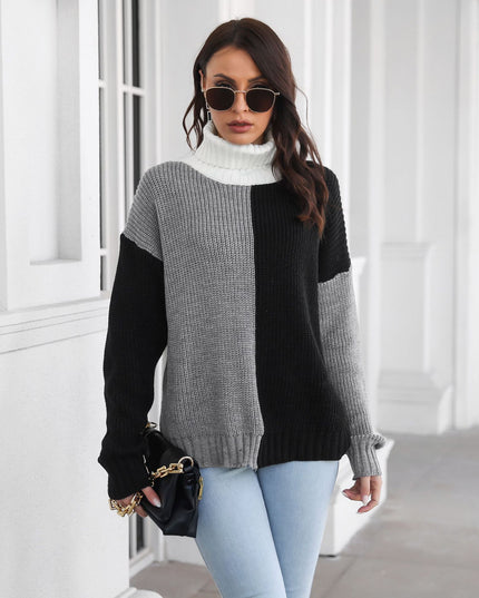 High Neck Drop Shoulder Long Sleeve Knitted Sweater For Women