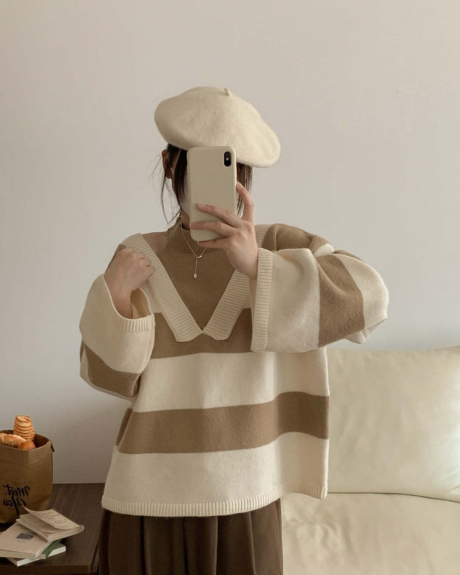 Korean Style False Two-piece Halter Off-the-shoulder Loose Striped Sweater