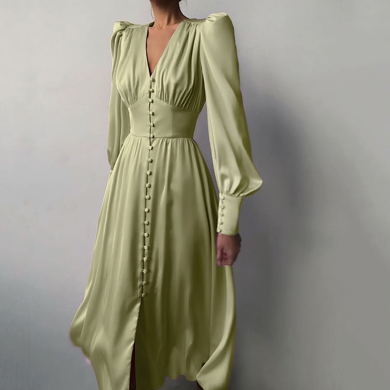 Design Balloon Sleeve Nipped Waist French Satin Dress