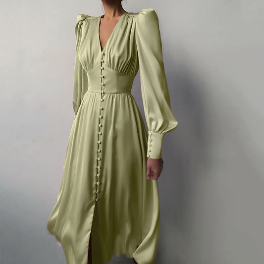 Design Balloon Sleeve Nipped Waist French Satin Dress
