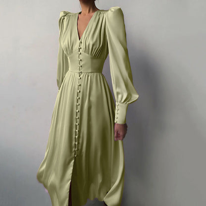 Design Balloon Sleeve Nipped Waist French Satin Dress