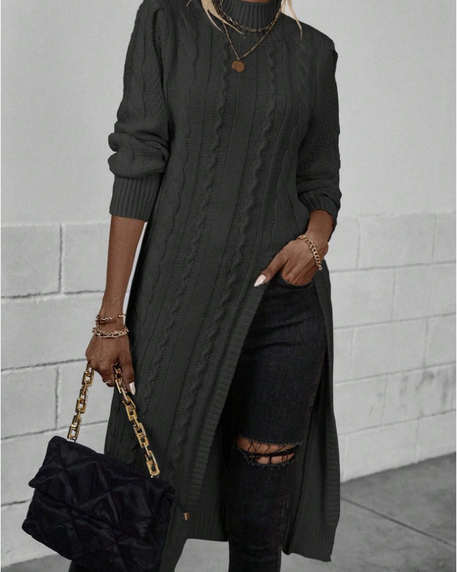 Women Crew Neck Long Sleeve Split Hem Minimalist Sweater