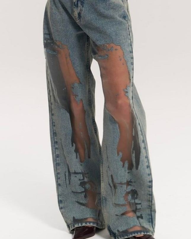 Vintage Straight-leg Hollow Textured Jeans